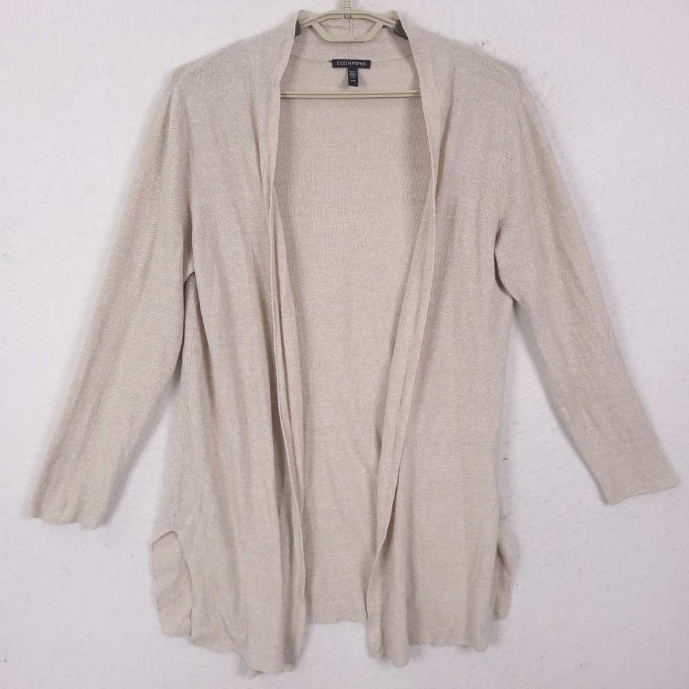 Eileen Fisher Cardigan Womens Medium Oatmeal Organic Linen Cotton Open Front